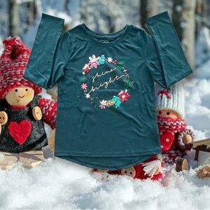 NWT Girls Size M (7/8) Sequined Long Sleeve Botanical Blue Christmas Top